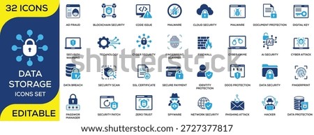Cybersecurity and data protection solid icon set featuring malware, firewall, cloud security, encryption, identity protection, phishing attack, network security, and digital safety. Clean flat vector icons for information security, IT systems, and data protection projects.