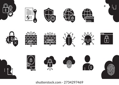 Cybersecurity and Data Protection Solid Icons Set on White Background