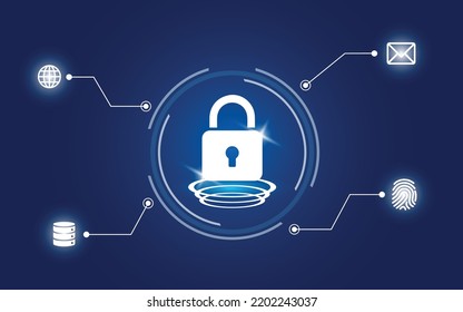 Cybersecurity data protection technology privacy concept. Interactive virtual control screen with padlock. Vector illustration