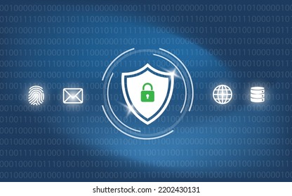 Cybersecurity data protection technology privacy concept. Interactive virtual control screen with padlock shield. Vector illustration