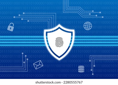 Cybersecurity data protection technology privacy concept. Interactive virtual control screen with fingerprint protection. Vector illustration
