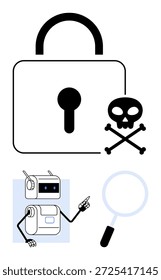 Ciberseguridad, protección de datos, análisis de amenazas, detección de malware, seguridad en línea, alerta de virus. Un candado junto a un cráneo, un robot apuntando y una lupa. Ciberseguridad y protección de datos