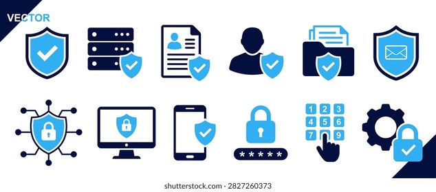 Cybersecurity and data protection vector icon set featuring internet security, server shield, user privacy, file encryption, lock password, and network protection symbols for web and app design.