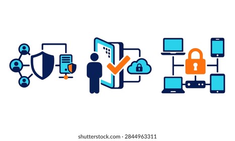 cybersecurity and data protection vector icon set featuring network firewall secure identity verification with mobile phone and encrypted multi device network connection with padlock