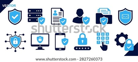 Cybersecurity and data protection vector icon set featuring internet security, server shield, user privacy, file encryption, lock password, and network protection symbols for web and app design.