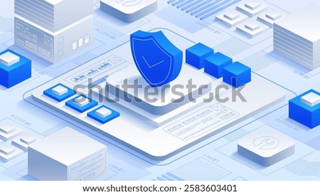 Cybersecurity and data protection Vector illustration of a shield icon on a platform with surrounding blocks and layers; emphasizes data protection, network security, and system architecture.