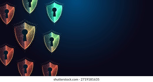 Ciberseguridad, seguridad de datos y Anuncio de protección en línea con escudos brillantes con cerraduras sobre fondo de tecnología oscura. Ilustración vectorial baja en poli. Diseños de seguridad informática, privacidad y ciberdefensa.