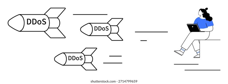 Ciberseguridad, ataques DDoS, amenazas en línea, protección de redes, seguridad de TI, violaciones de datos. Ilustración de cohetes etiquetados como DDoS acercándose a una persona con una computadora portátil. Ciberseguridad y ataques DDoS