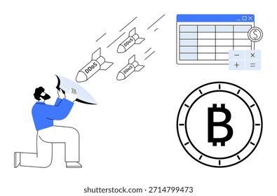 Cybersecurity, DDoS mitigation, financial protection, cryptocurrency defense, online threats, network security. Man using a shield against DDoS attacks, Bitcoin symbol, and financial chart
