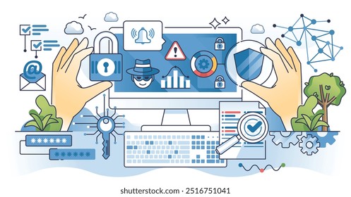 Cybersecurity dictionary and network security terms outline hands concept. Study online threats meaning to understand hacker attack types and possible computer vulnerability vector illustration.