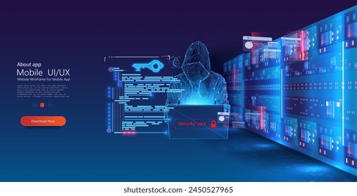 Cybersecurity Digital Interface with Holographic Projection and Server Racks. Showcasing a user interface for mobile app development with digital security elements and futuristic server background.