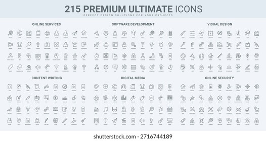 Ciberseguridad, medios digitales, servicios en línea y conjunto de iconos de línea de App móvil. Herramientas para desarrollar proyecto y software, crear y escribir contenido, Derechos de autor delgado Ilustración vectorial de símbolos de contorno negro