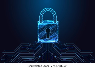 Ciberseguridad, privacidad digital y concepto de protección de datos con candado de polígono brillante sobre placa de circuito. Acceso seguro y sistemas de cifrado. Futurista azul neón de baja Ilustración vectorial de poli.