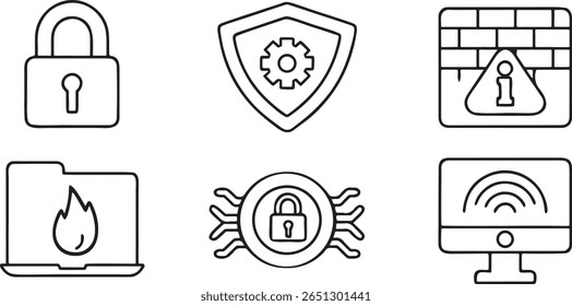 Cybersecurity And Digital Privacy Icon Set, Firewall, VPN, Shield, Phishing Alert, Authentication, Warning Lock, Editable Tech Protection Design