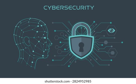 Cybersecurity digital protection concept featuring glowing network padlock shield and high tech human profile.
