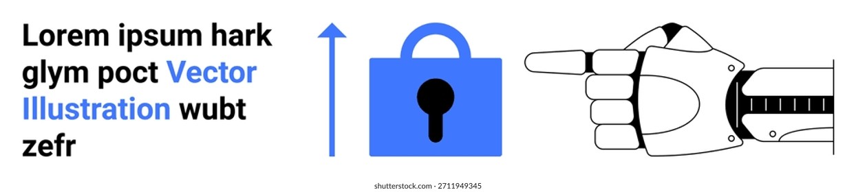Ciberseguridad, protección digital, tecnología, innovación, robótica, seguridad digital. Mano robótica que apunta a un icono de candado azul. Concepto de ciberseguridad y protección digital