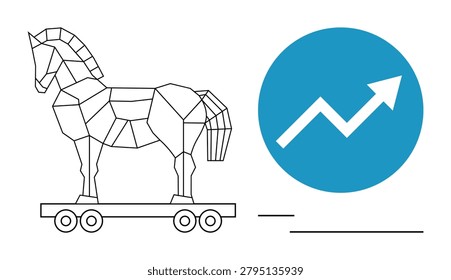 Cybersecurity, digital risk, malware analysis, online protection, business strategy, technological progress. Geometric Trojan horse and upward arrow chart icon. Cybersecurity and digital risk