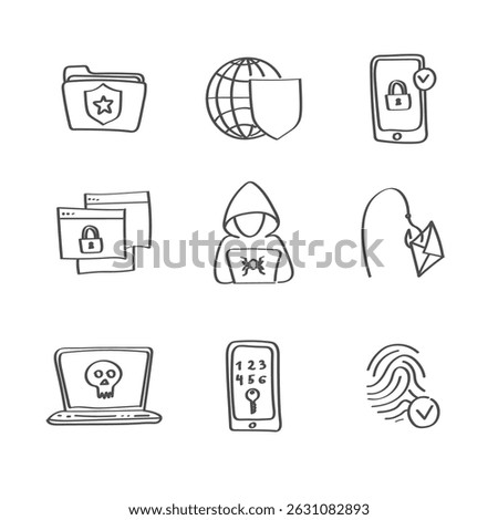 Cybersecurity doodle icon set. Hand drawn style