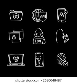 Cybersecurity doodle icons. VPN, hacker, password protection,data encryption, phishing and more. Hand drawn sketch style