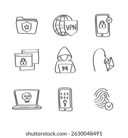 Cybersecurity doodle icons. VPN, hacker, password protection,data encryption, phishing and more. Hand drawn sketch style