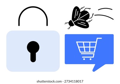 Cybersecurity, e-commerce security, online fraud prevention, bug tracking, data protection, secure transactions. Lock, fly and shopping cart icon in a speech bubble. Cybersecurity and e-commerce