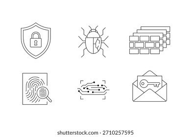 Ciberseguridad editable contorno de iconos de trazo escudo de Paquete, bug, cortafuegos, huella digital, circuito, clave aislada sobre fondo blanco