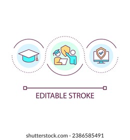 Icono de concepto de bucle educativo de ciberseguridad. Desarrollar la conciencia digital del riesgo. Mejorar la protección de la ilustración de la delgada idea abstracta. Dibujo de contorno aislado. Trazo editable. Tipo de letra arial utilizado