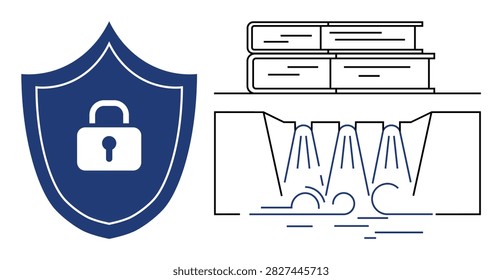 Cybersecurity, education, resource management, data security, infrastructure, knowledge preservation. A locked shield, books and dam waterflow are visible. Cybersecurity and education concepts