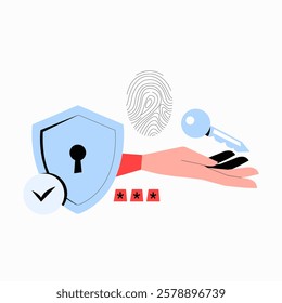 Cybersecurity Elements With Shield, Fingerprint, And Key In Flat Vector Illustration Symbolizing Digital Security, Authentication, And Data Protection, Isolated On White Background