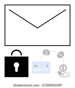 Cybersecurity, email protection, digital payments, financial security, fraud prevention, online transactions. An envelope, lock and payment visuals. Email privacy and digital payments concept
