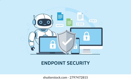 Cybersecurity endpoint security system featuring an artificial intelligence robot protecting computers and networks.