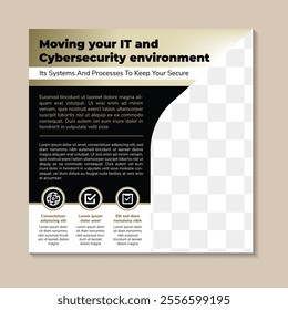 cybersecurity environment social media post banner, internet security advertisement concept, browser safety abstract square ad, digital lock flyer leaflet concept, isolated. gold gradient and black.