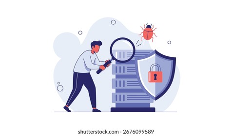 Cybersecurity expert analyzing data servers and detecting a digital threat with a magnifying glass