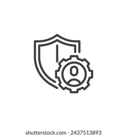 Icono de línea de expertos en ciberseguridad. signo de estilo lineal para concepto móvil y diseño web. Persona con escudo y un icono de vector de contorno de engranaje. Símbolo, ilustración del logotipo. Gráficos vectoriales