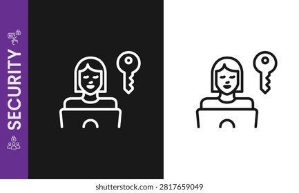 Cybersecurity Female User Access and Key Authentication Line Icon Vector, Woman Password Protection, Account Security, Administrator, and Keyholder Symbol.