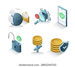 Cybersecurity and Financial Protection Icons Set with Secure Mobile Authentication Malware Detection Encrypted Payments and Global Data Security