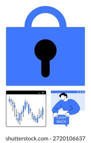 Segurança cibernética, segurança financeira, comércio eletrônico, análise financeira, proteção do usuário, benefícios de cashback. Cadeado azul, gráfico de ações e aviso de cashback de pessoa. Cibersegurança e finanças