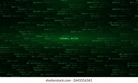Fondo Activo Del Firewall De Ciberseguridad Con Pantalla De Texto De Matriz Verde. Interfaz De Estado De Sistema Segura Para Monitoreo De Amenazas Y Conceptos De Protección De Datos. Ilustración vectorial.