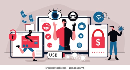 Concepto plano de ciberseguridad con gadgets electrónicos hacker ilustración vectorial del virus informático