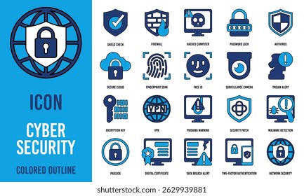 Design de ícone plano de segurança cibernética, ideal para proteção de dados e conceitos técnicos.