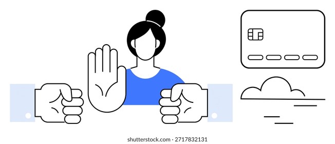 Ciberseguridad, prevención del fraude, protección contra el robo de identidad, seguridad financiera, seguridad de pagos en línea, seguridad de datos personales. Mujer con la mano en alto, los gestos se detienen. Ciberseguridad y prevención del fraude