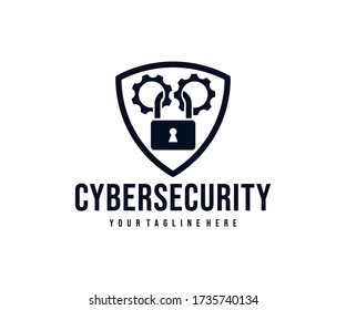 Cybersecurity, gears and lock in the shield, logo design. Security, network protection and personal data protection, vector design and illustration