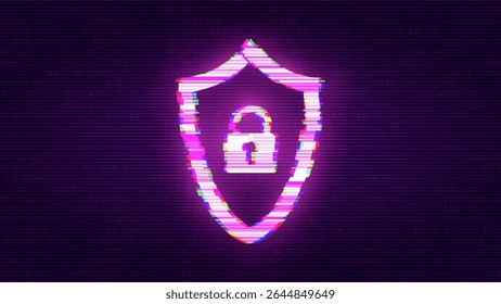 Cybersecurity Glitch Icon with Lock and Shield Symbol on Dark Background, Representing Data Protection, Firewall, and Secure Access. System Under Hackers Attack. Ransomware Lock Vector Illustration.