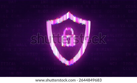 Cybersecurity Glitch Icon with Lock and Shield Symbol on Dark Background, Representing Data Protection, Firewall, and Secure Access. System Under Hackers Attack. Ransomware Lock Vector Illustration.