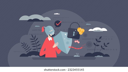 Cybersecurity guard with data safety and security shield tiny person concept. Protect information from crime, hackers and viruses with strong password and antivirus encryption vector illustration.