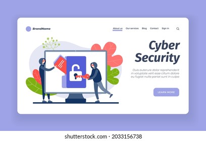Cybersecurity from hackers. Digital hacking protection with blocking. Counteraction online criminals in stealing users information. Modern firewall and virtual cloud. Vector landing page flat banner