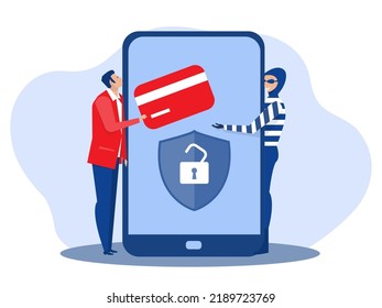 Ciberseguridad de hackers, robo de dinero digital ataca aplicaciones de clientes masculinos; obtener tarjeta de crédito. Suplantación de identidad (phishing) y fraude bancario. Ilustración vectorial.