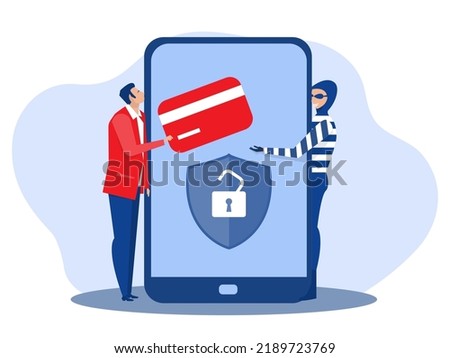 Cybersecurity from hackers,Digital money theft attacks male client applications; get credit card. Phishing and bank fraud. Vector illustration.