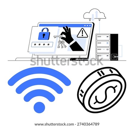 Cybersecurity, hacking prevention, financial security, online privacy, wireless communication, data protection. Visual a hacking attempt, wireless and digital currency. Cybersecurity and financial