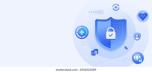 Cybersecurity in Healthcare and Medical protect patient data information cyber attacks illustration banner.
